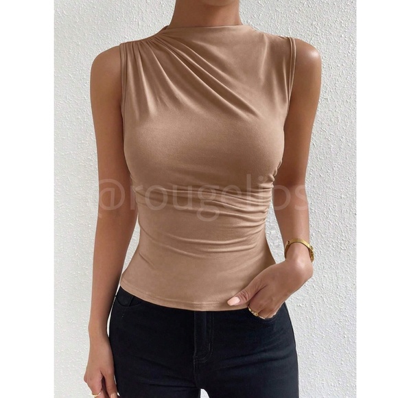 Ruched Khaki Asymmetrical Sleeveless Shirt Top Stretchy - Picture 5 of 9